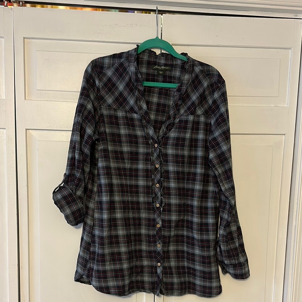 Blue and Red Plaid Button-Up Shirt Tunic style